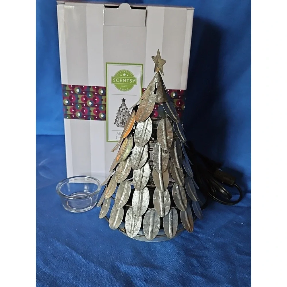 Scentsy Christmas Tree All Aglow Small Gray Metal Tree Wax Warmer Farmhouse Chic